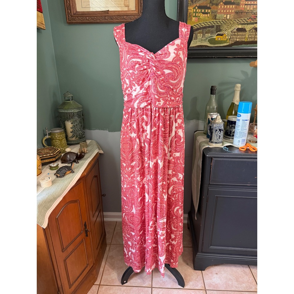 SOMA XL Paisley Maxi Dress Coral Pink Twist Front Boho Resort Summer Sleeveless
